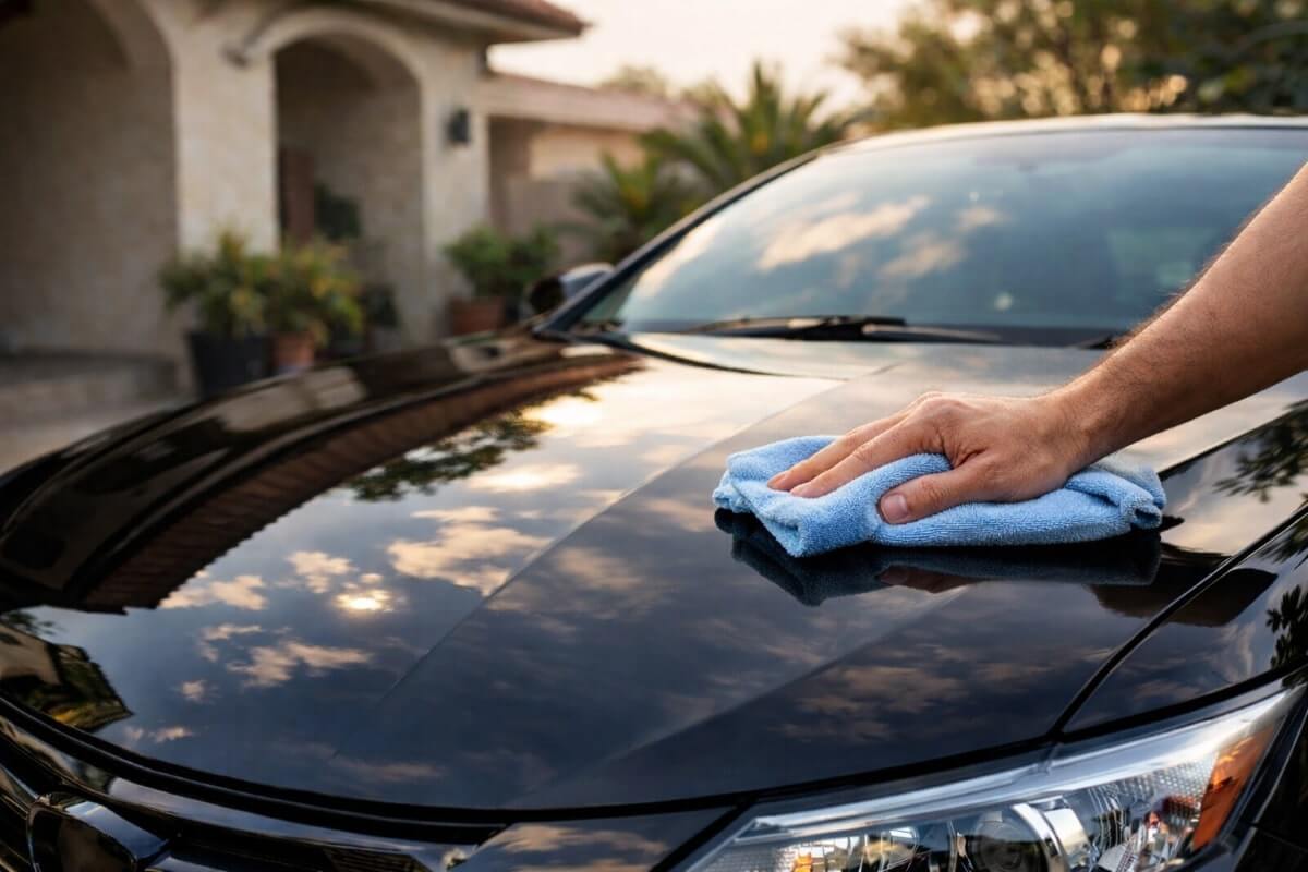 تطبيق تلميع طلاء السيارة يدويًا باستخدام منشفة مايكروفايبر