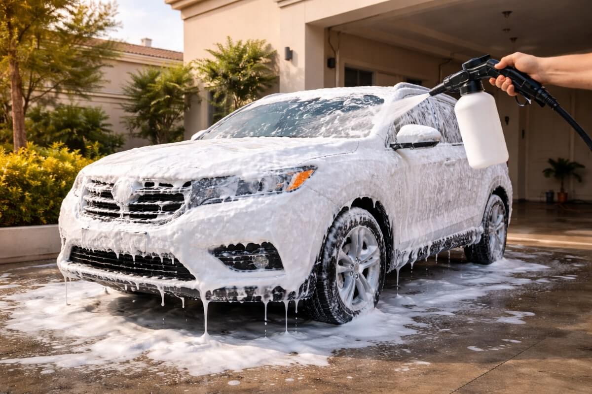 استخدام فوم غسيل السيارة في المنزل بواسطة رشاش رغوة أمام منزل