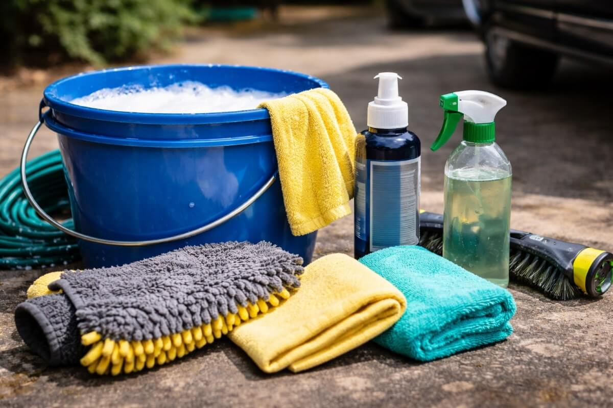 أدوات أساسية لغسيل السيارة يدويًا في المنزل تشمل دلو ماء ومنشفة مايكروفايبر وأدوات تنظيف