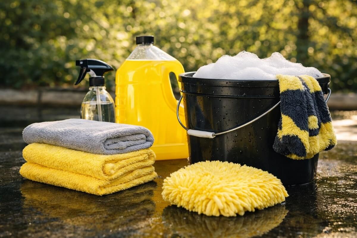 أدوات غسيل السيارة في المنزل تشمل دلو الغسيل ومناشف مايكروفايبر وقفاز تنظيف