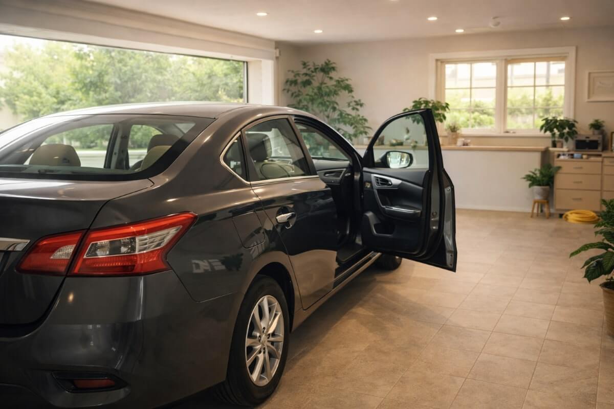 سيارة متوقفة في كراج منزلي نظيف تعكس الاستخدام المنزلي للعناية الداخلية