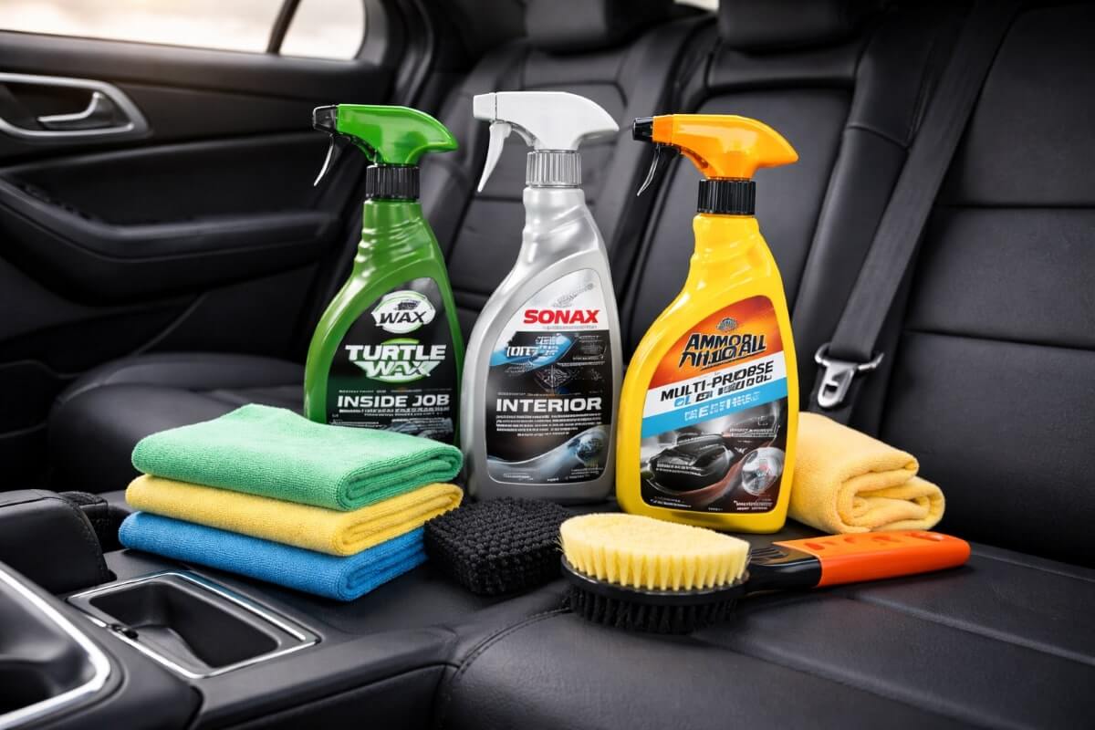 مجموعة من منظفات داخل السيارة وأدوات تنظيف للاستخدام المنزلي