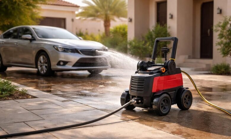 غسالة ضغط مياه للاستخدام المنزلي تنظف سيارة في فناء منزل سعودي