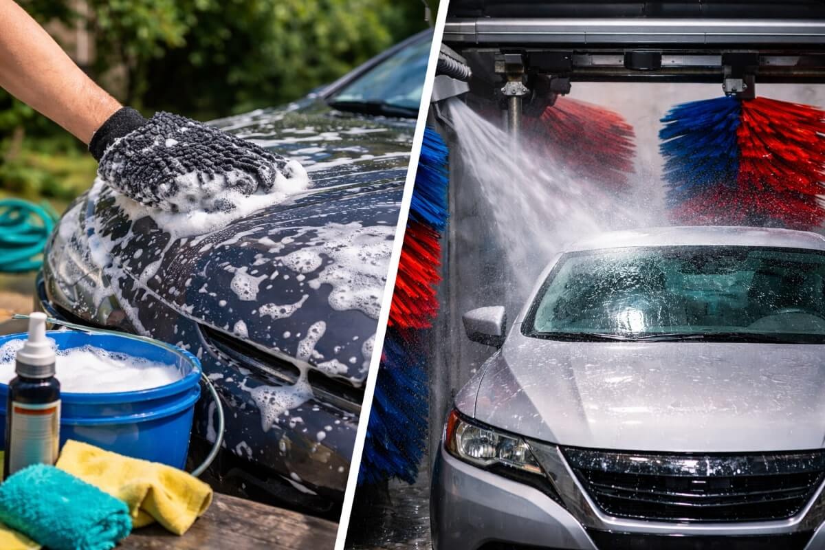 مقارنة بصرية بين الغسيل اليدوي للسيارة في المنزل وغسيل السيارة في المغسلة من حيث طريقة التنظيف