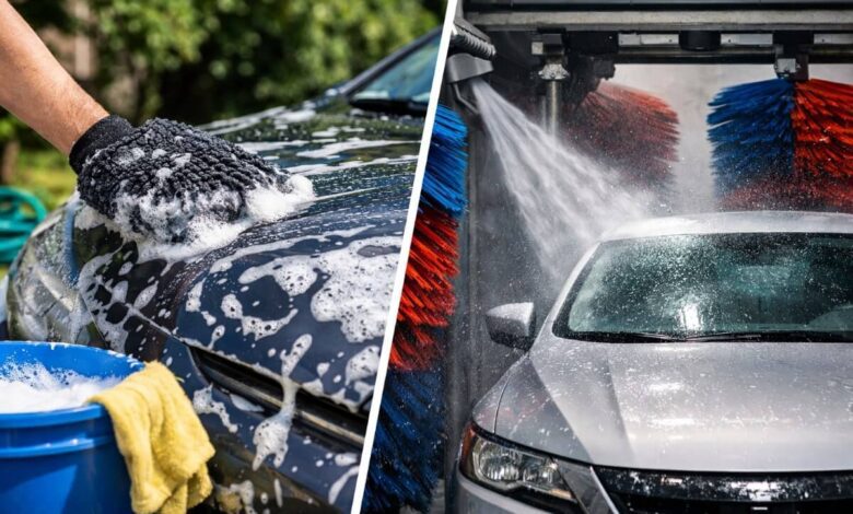 مقارنة بين الغسيل اليدوي للسيارة في المنزل وغسيل السيارة في المغسلة من حيث طريقة التنظيف وتأثيرها على الطلاء