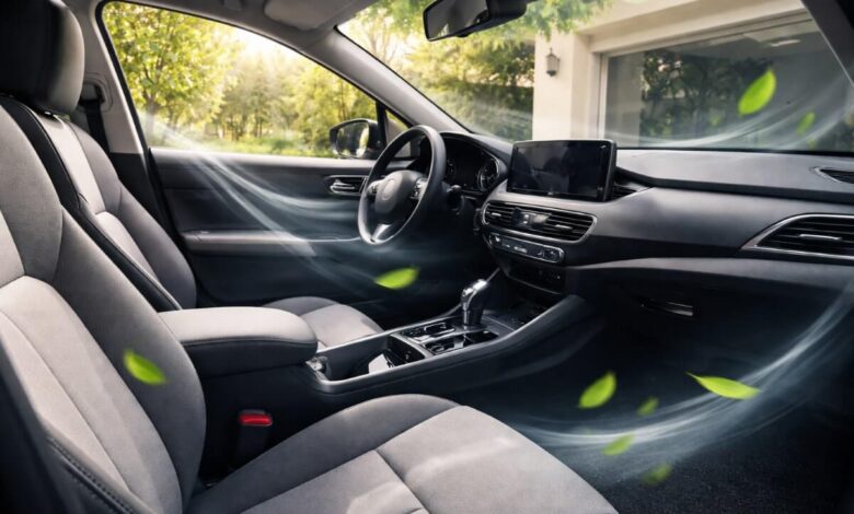 داخل سيارة نظيف ومنعش بعد إزالة الروائح الكريهة باستخدام منتج للعناية الداخلية