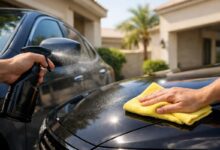 تطبيق شمع سيارات بخاخ على هيكل سيارة أمام منزل للاستخدام المنزلي