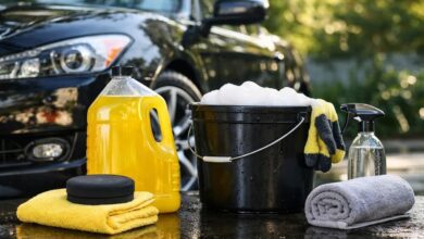 صورة توضح أدوات غسيل السيارة في المنزل مع غسول وشمع سيارات للاستخدام المنزلي
