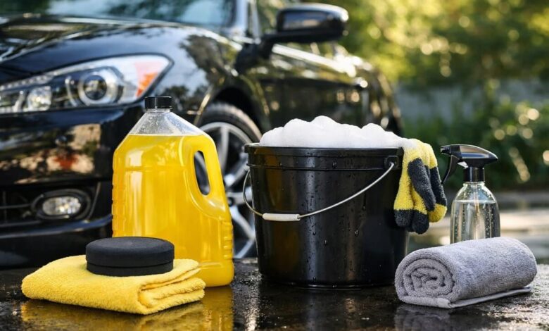 صورة توضح أدوات غسيل السيارة في المنزل مع غسول وشمع سيارات للاستخدام المنزلي