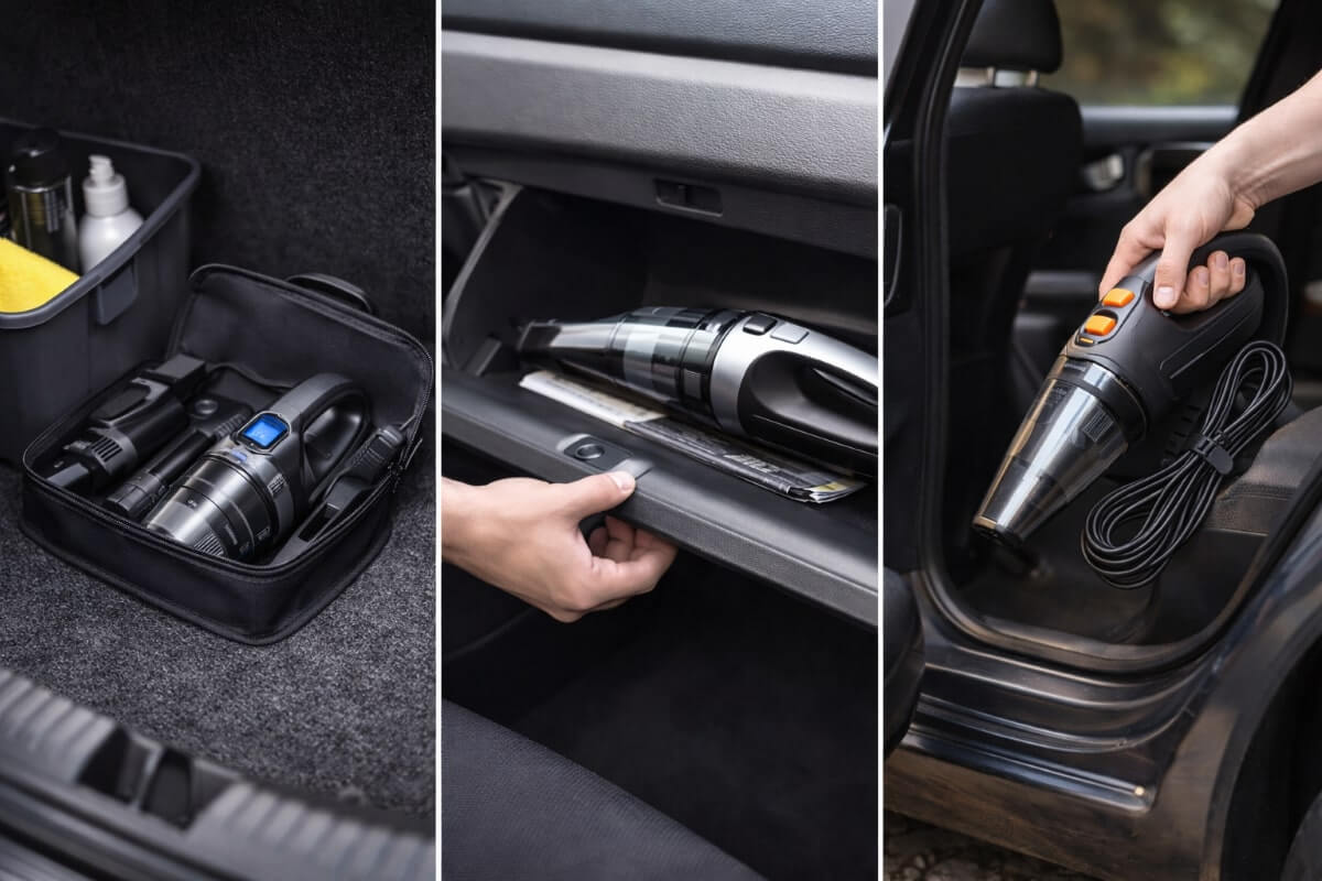 سهولة تخزين وحمل مكنسة سيارة محمولة داخل السيارة