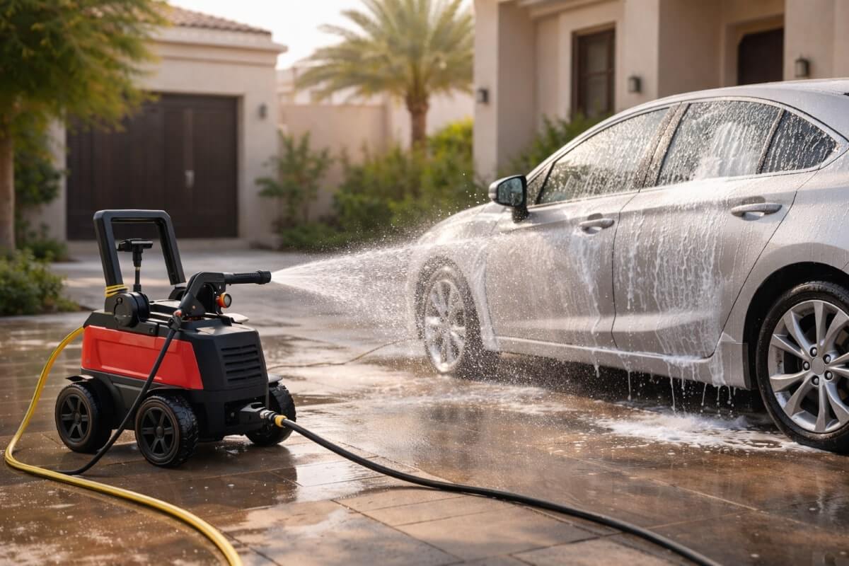 غسالة ضغط مياه للاستخدام المنزلي تنظف سيارة في فناء منزل سعودي