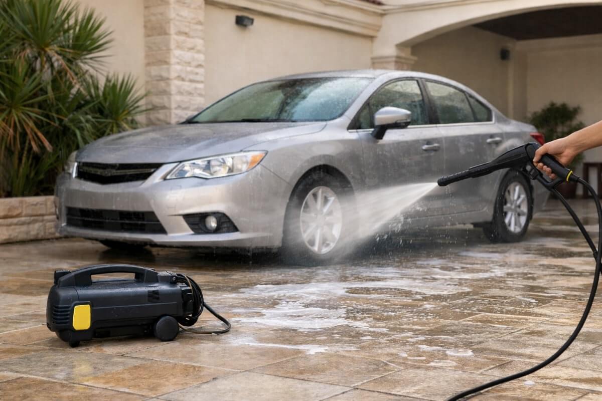 غسيل السيارة باستخدام ماكينة غسيل في فناء منزل