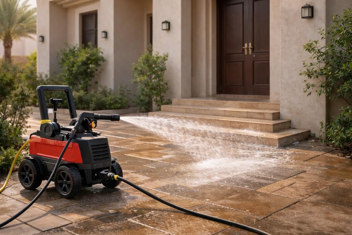 تنظيف مدخل منزل وأرضيات خارجية باستخدام غسالة ضغط مياه