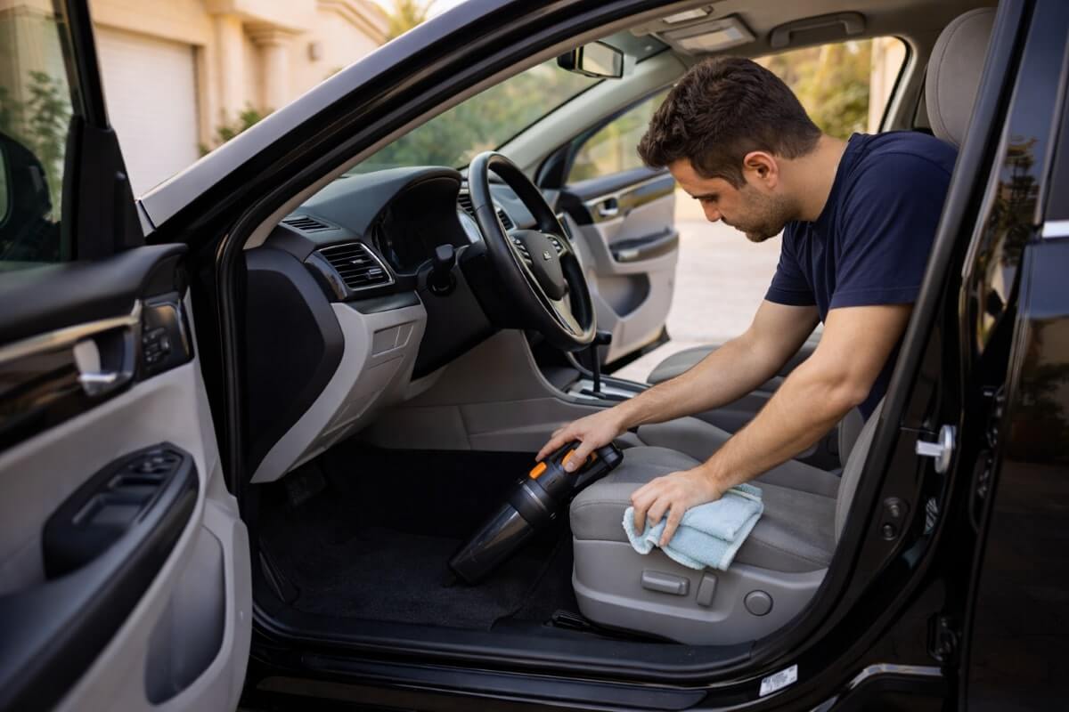 تنظيف سريع للمقصورة الداخلية للسيارة في البيت كجزء من الروتين الأسبوعي