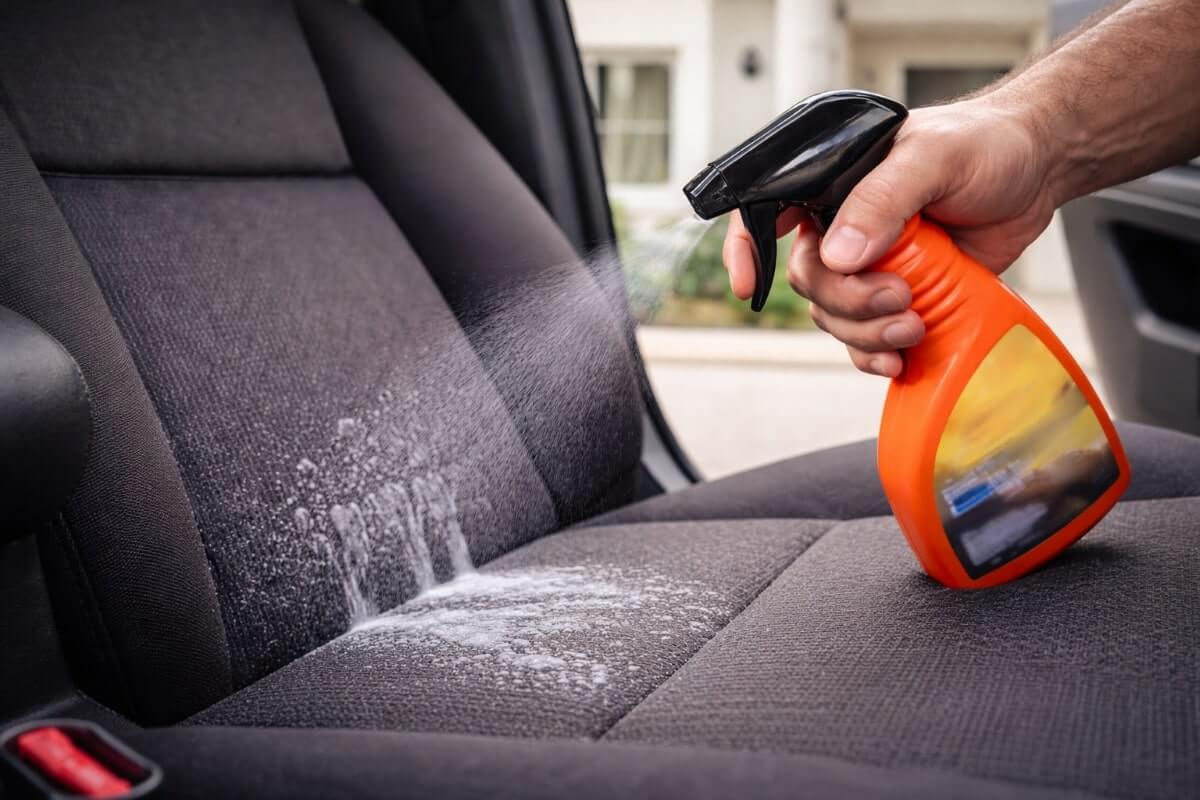 استخدام سريع لمنظف مقاعد قماش السيارة لإزالة بقعة خفيفة