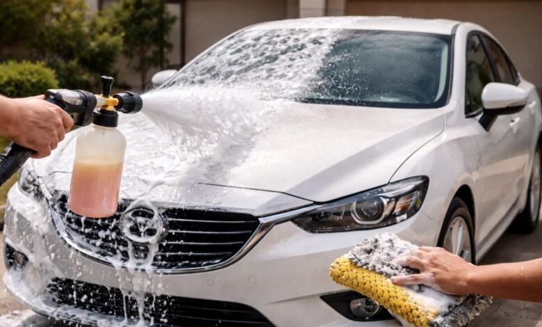 غسيل سيارة في المنزل باستخدام شامبو فوم مع فرق واضح في لمعان الطلاء