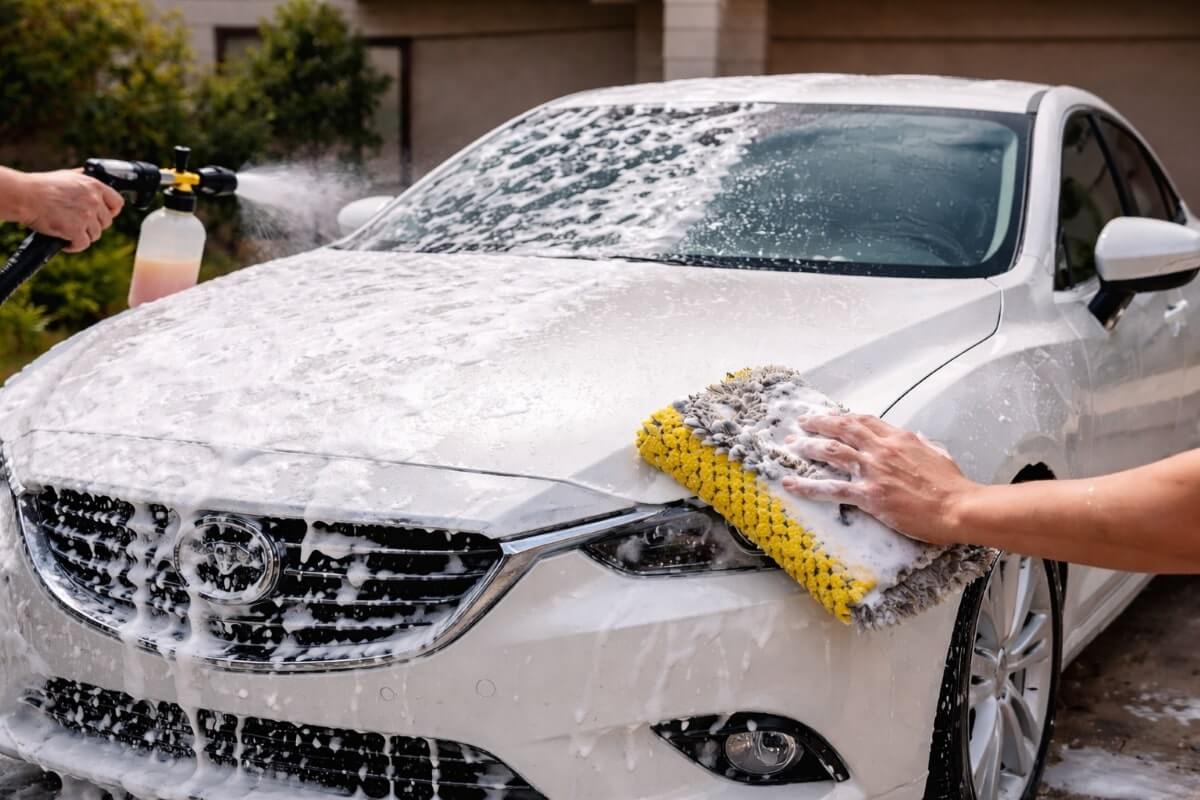 غسيل سيارة في المنزل باستخدام شامبو فوم مع فرك يدوي آمن للطلاء