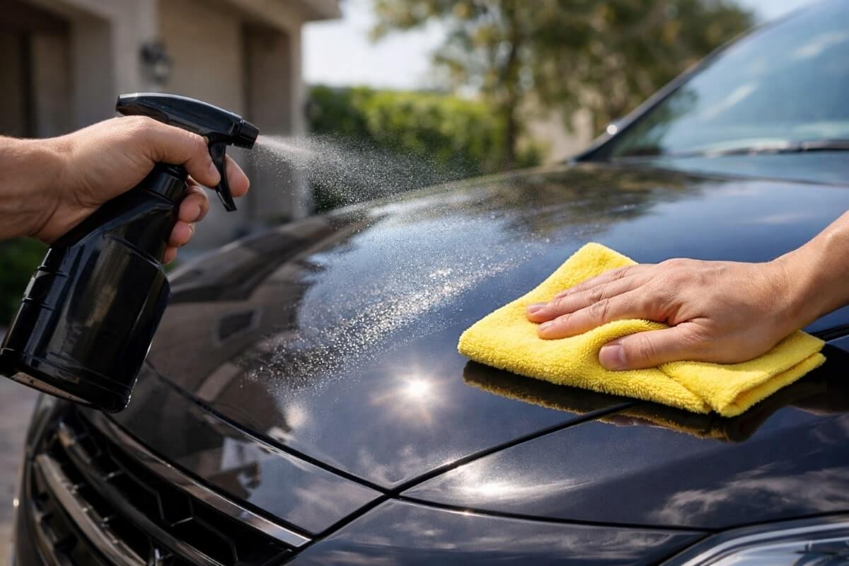 تطبيق شمع سيارات بخاخ باستخدام منشفة مايكروفايبر على هيكل سيارة في المنزل