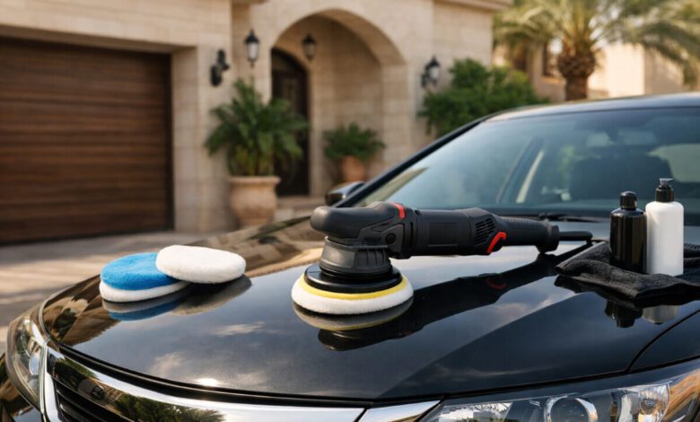 جهاز تلميع سيارات دايال اكشن للاستخدام المنزلي موضوع على غطاء سيارة في فناء منزل سعودي