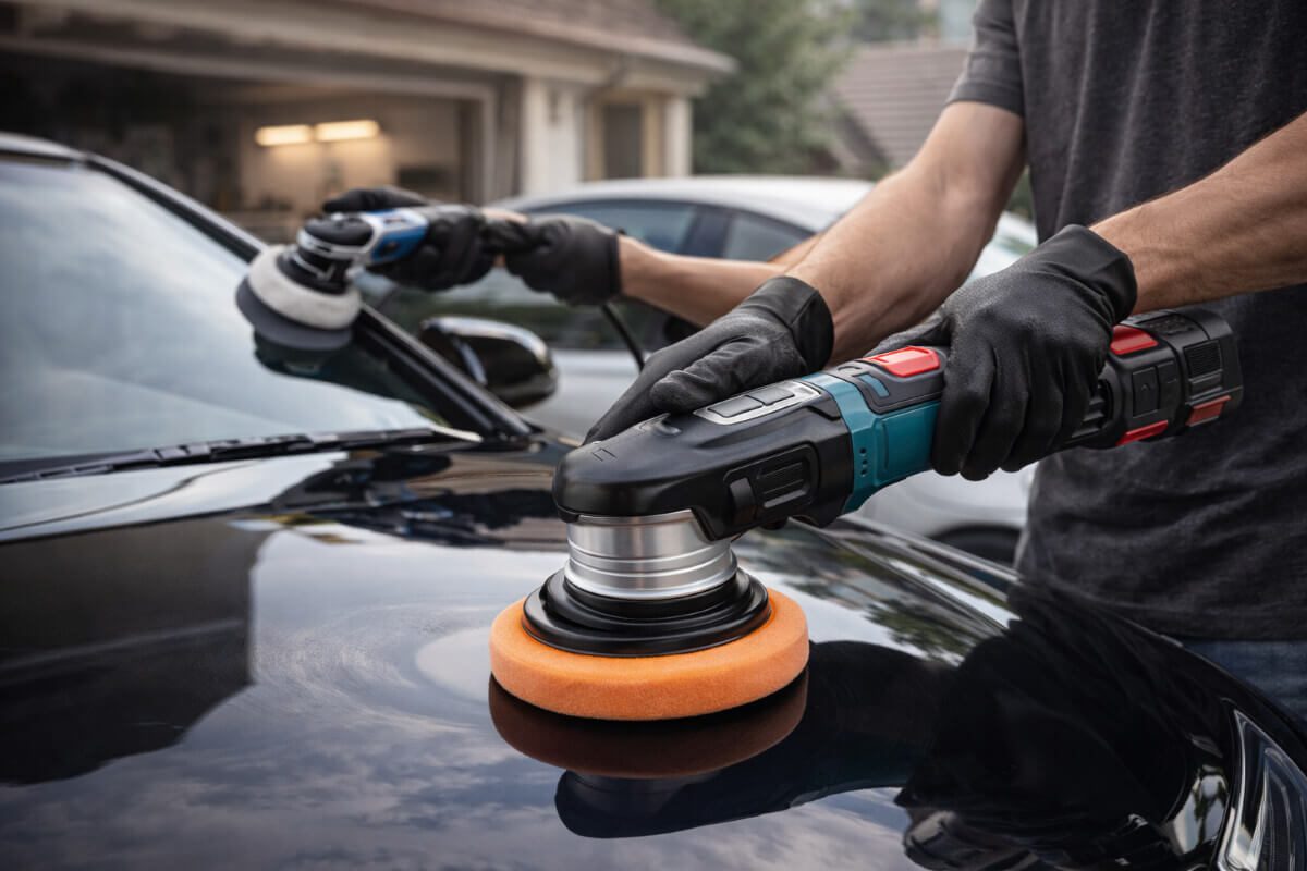 استخدام جهاز تلميع سيارات لاسلكي في فناء منزل لتحسين لمعان الطلاء