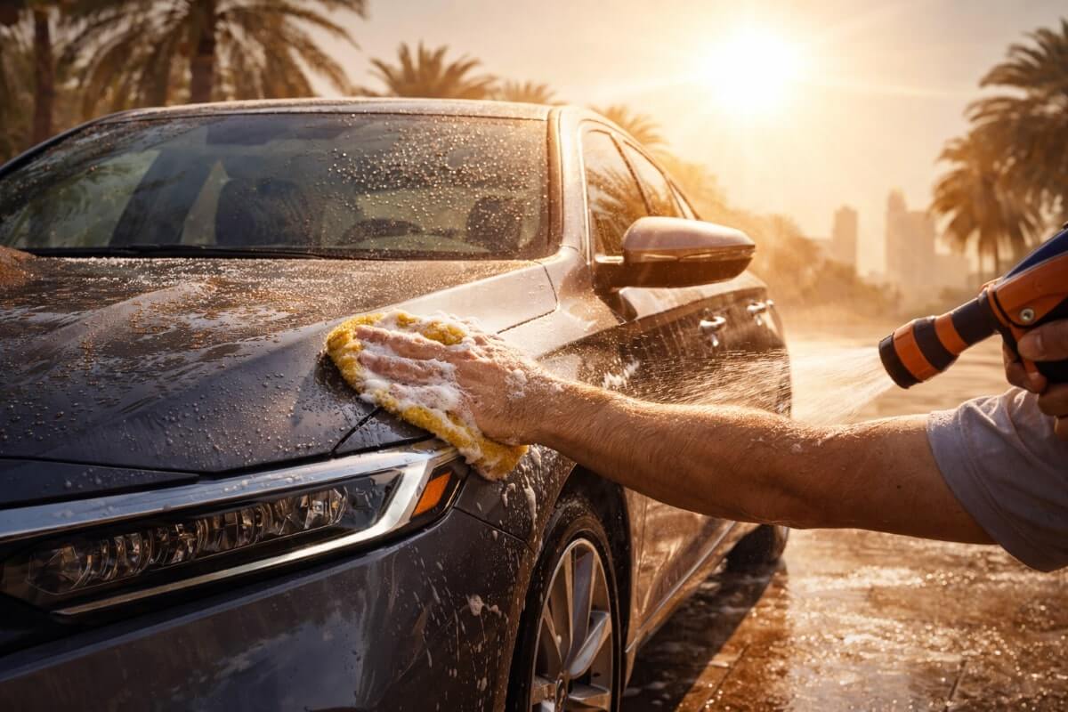 غسل السيارة تحت الشمس المباشرة من الأخطاء التي تضر طلاء السيارة في الأجواء الحارة