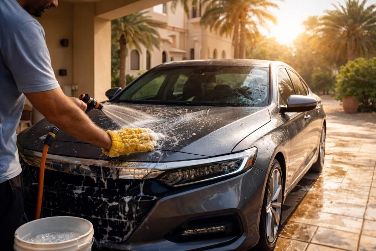 تنظيف السيارة بلطف في مكان مظلل كجزء من العناية الأسبوعية بالطلاء في السعودية
