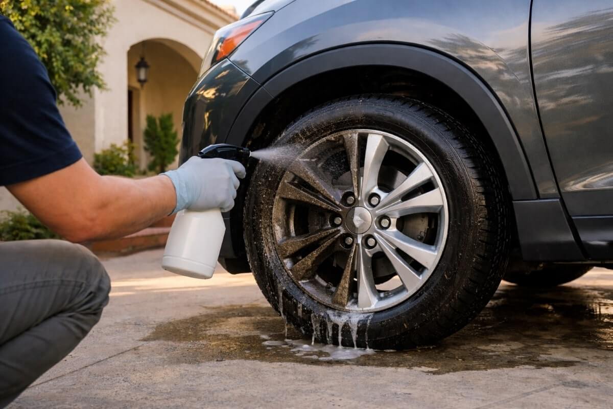 تنظيف جنوط وإطارات السيارة في المنزل باستخدام بخاخ منظف مخصص