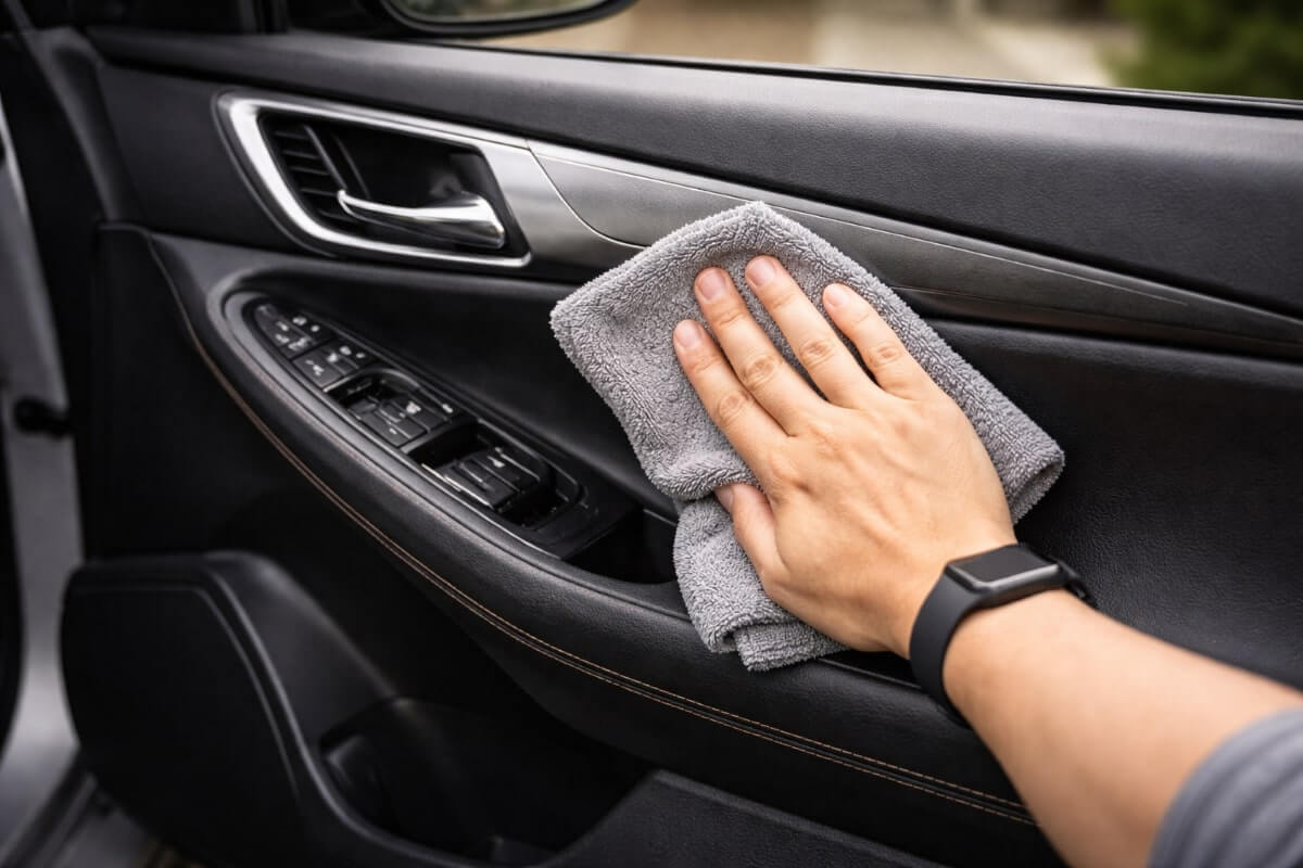 مسح الأبواب الداخلية للسيارة بقطعة مايكروفايبر أثناء التنظيف المنزلي