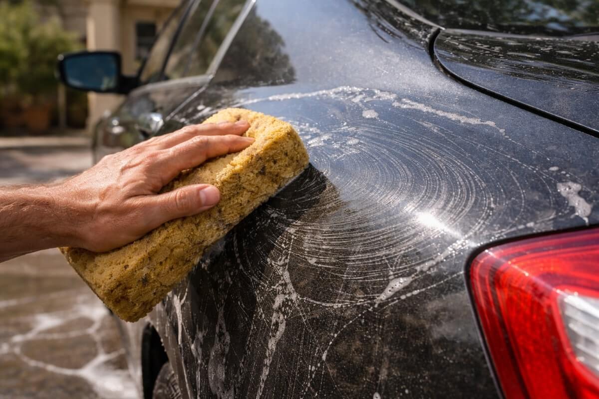 استخدام إسفنجة خشنة أثناء غسل السيارة يسبب خدوش دائرية في الطلاء