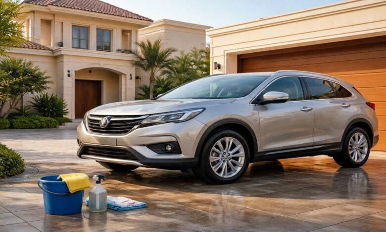 غسيل السيارة بدون خدوش في البيت أمام منزل سعودي